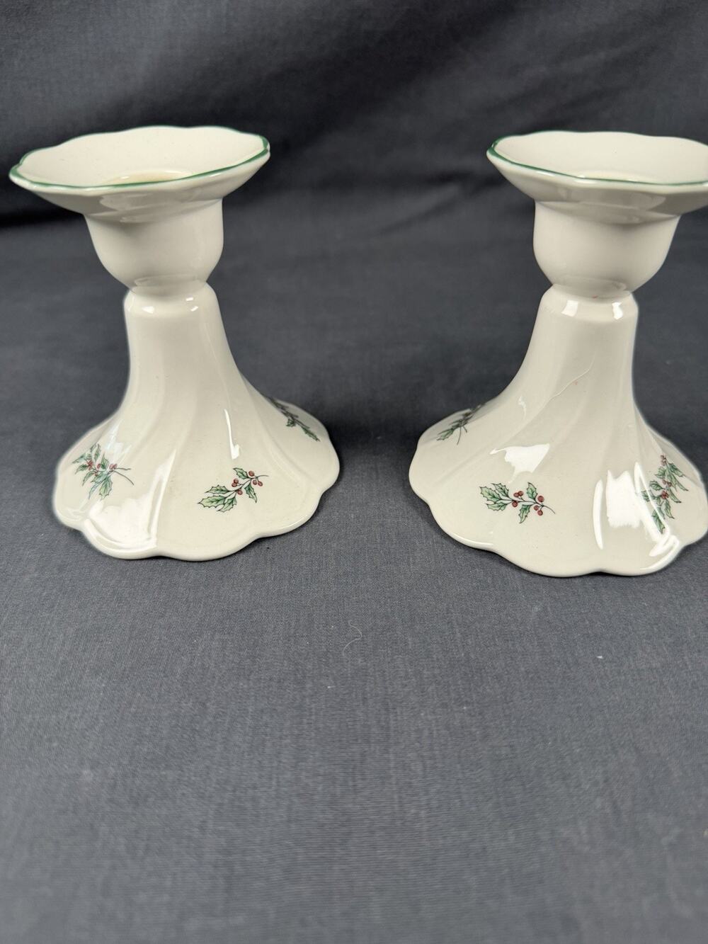 Nikko Happy Holidays Ceramic Candlestick Holders with Holly Berry Motif Set Of 2